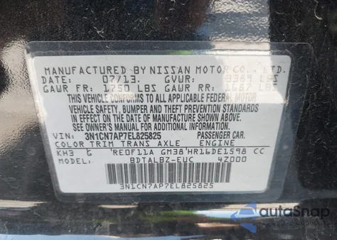 2014 Nissan Versa 1.6 Sv z USA, uszkodzony, nr VIN 3N1CN7AP7EL825825